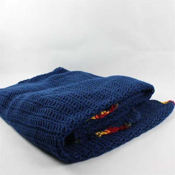 Handmade Navy Blue Crocheted Throw Blanket Multicolor Scalloped Edge 56" x 80"