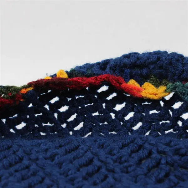 Handmade Navy Blue Crocheted Throw Blanket Multicolor Scalloped Edge 56" x 80"