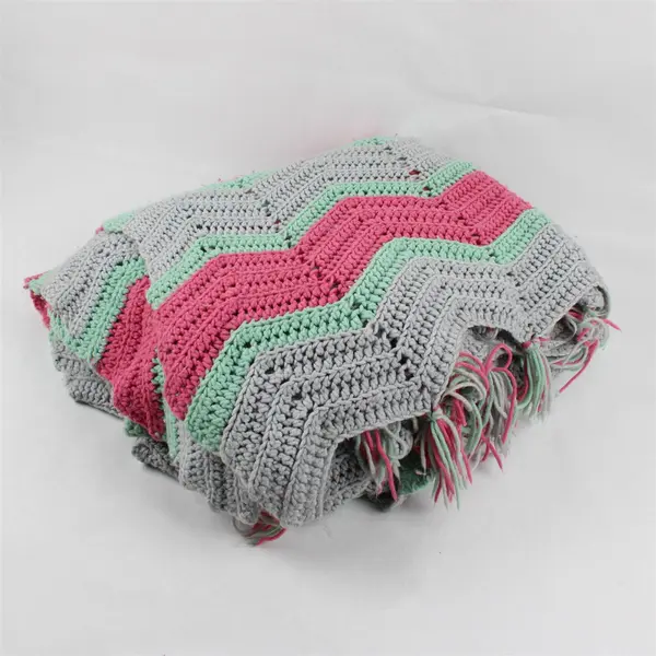 Handmade Crocheted Tassel Throw Blanket Gray Pink Mint Green 100x100