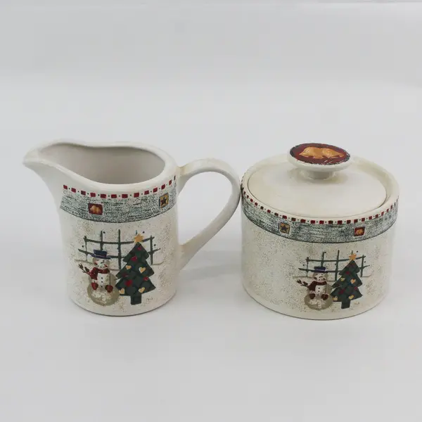 Gibson Snowman And Christmas Tree Stoneware Creamer And Lidded Sugar Bowl