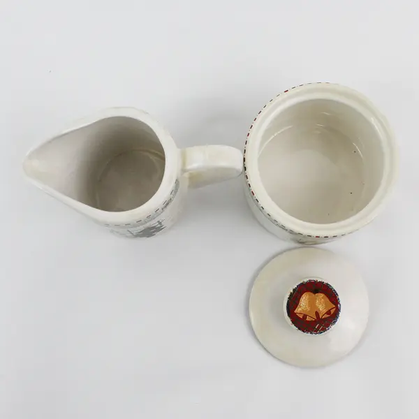 Gibson Snowman And Christmas Tree Stoneware Creamer And Lidded Sugar Bowl