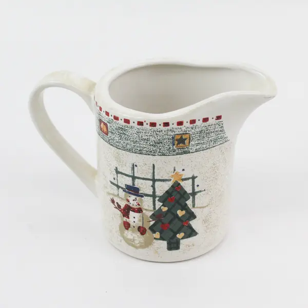 Gibson Snowman And Christmas Tree Stoneware Creamer And Lidded Sugar Bowl