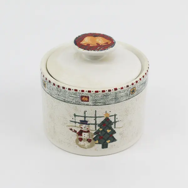 Gibson Snowman And Christmas Tree Stoneware Creamer And Lidded Sugar Bowl