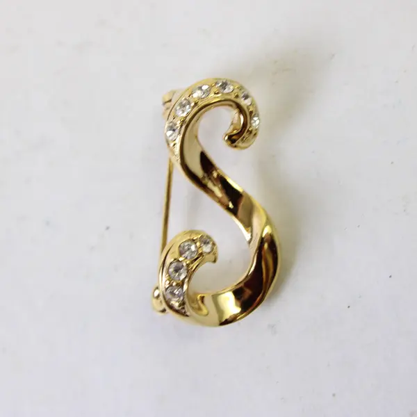 Gold-Tone Initial S Brooch Colorless Rhinestones