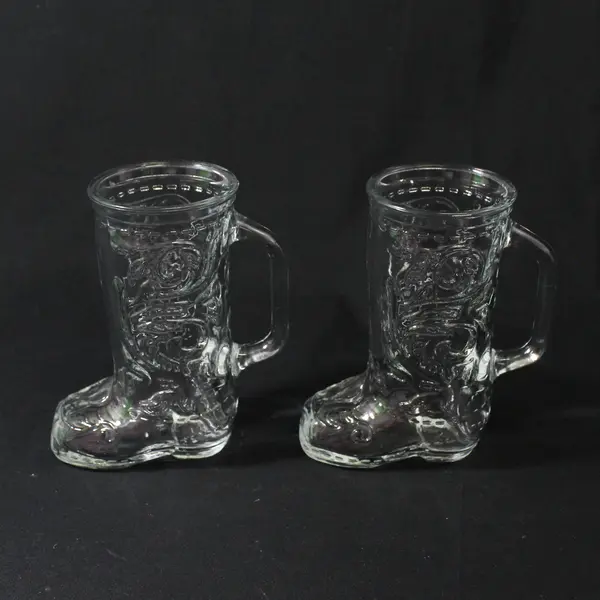 Lot of 2 Clear Glass Cowboy Boot Mug Glasses with Handles 6 in