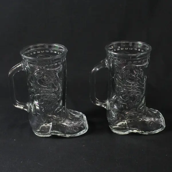 Lot of 2 Clear Glass Cowboy Boot Mug Glasses with Handles 6 in