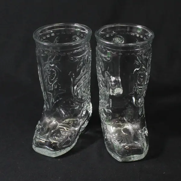 Lot of 2 Clear Glass Cowboy Boot Mug Glasses with Handles 6 in
