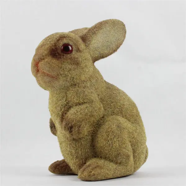 Vintage Flocked Brown Bunny Rabbit Coin Piggy Bank w/Stopper 1970's 8" Tall