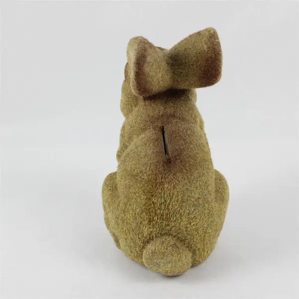 Vintage Flocked Brown Bunny Rabbit Coin Piggy Bank w/Stopper 1970's 8" Tall