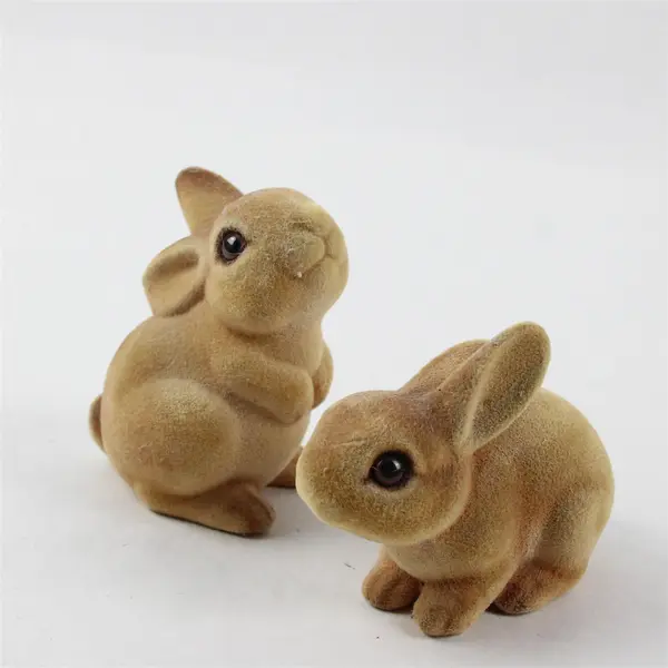 Lot of 2 Vintage Flocked Hard Body Bunny Rabbit Figurines 