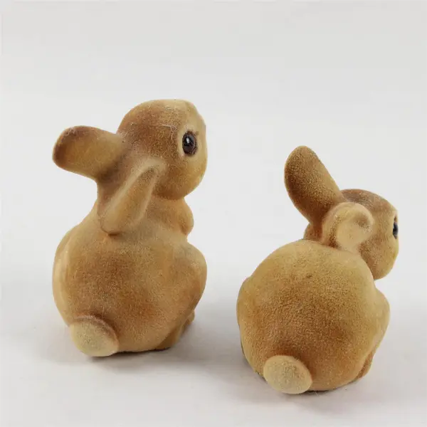 Lot of 2 Vintage Flocked Hard Body Bunny Rabbit Figurines 