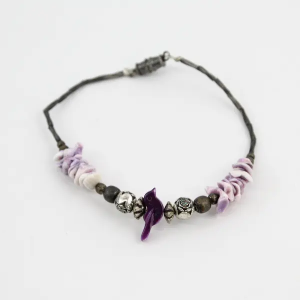 7in Beaded Bracelet Purple Shell Bird Charm Dark Metal Mixed Beads
