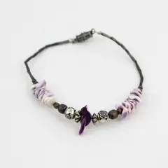 7in Beaded Bracelet Purple Shell Bird Charm Dark Metal Mixed Beads