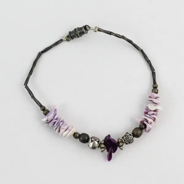 7in Beaded Bracelet Purple Shell Bird Charm Dark Metal Mixed Beads