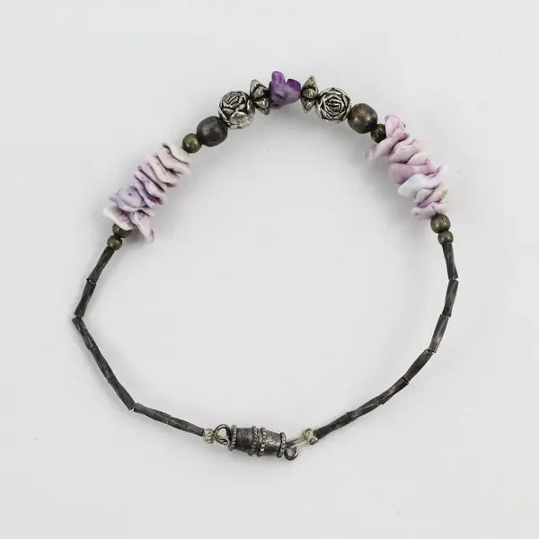 7in Beaded Bracelet Purple Shell Bird Charm Dark Metal Mixed Beads