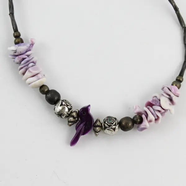 7in Beaded Bracelet Purple Shell Bird Charm Dark Metal Mixed Beads