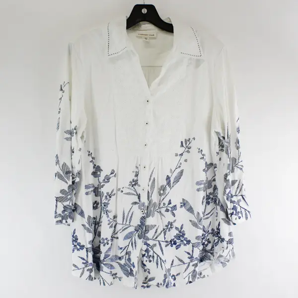 Coldwater Creek Blue & White Floral Print 3/4-Sleeve Button-Up Blouse Women's XL