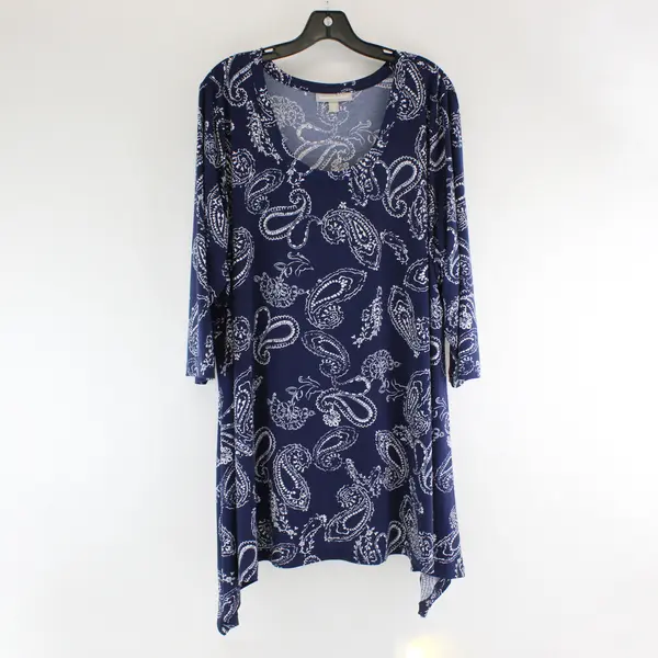 Woman Within Navy Blue and White Paisley 3/4-Sleeve Scoop Neck Top Women's 1X