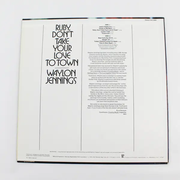 Waylon Jennings Ruby Don't Take Your Love to Town 12" Vinyl Record
