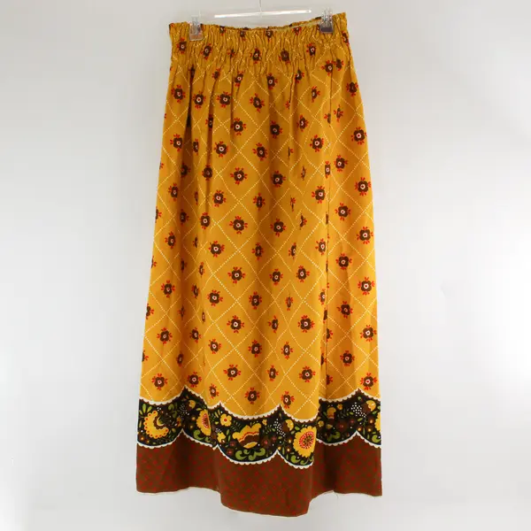 Handmade Retro Yellow Brown Floral Pattern Maxi Skirt Women's Medium
