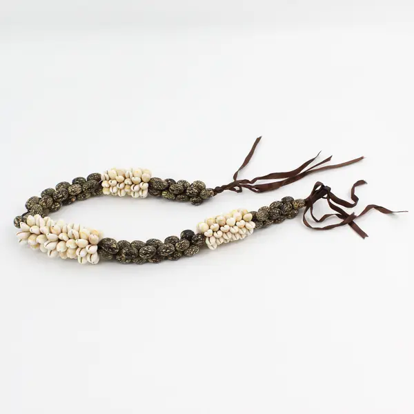 Handmade Multi-Strand White Cowrie Kukui Nut Lei Necklace 22in