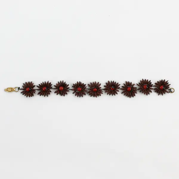 Vintage Handmade Brown Koa Seed Flower Beaded Bracelet 7-3/4"