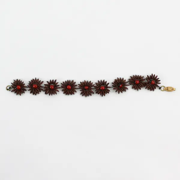 Vintage Handmade Brown Koa Seed Flower Beaded Bracelet 7-3/4"