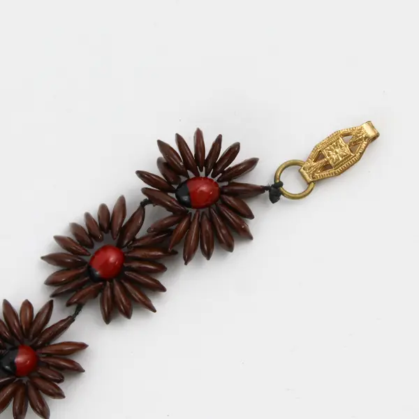 Vintage Handmade Brown Koa Seed Flower Beaded Bracelet 7-3/4"