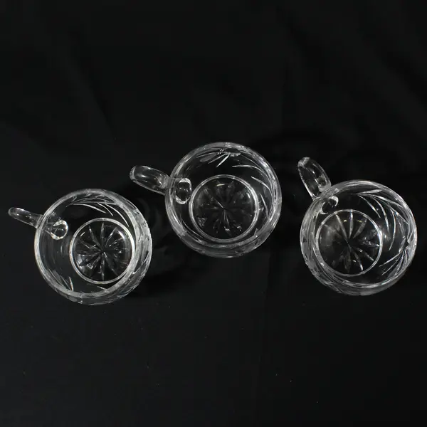Set of 3 Clear Glass Punch Cups Etched Flower Pattern