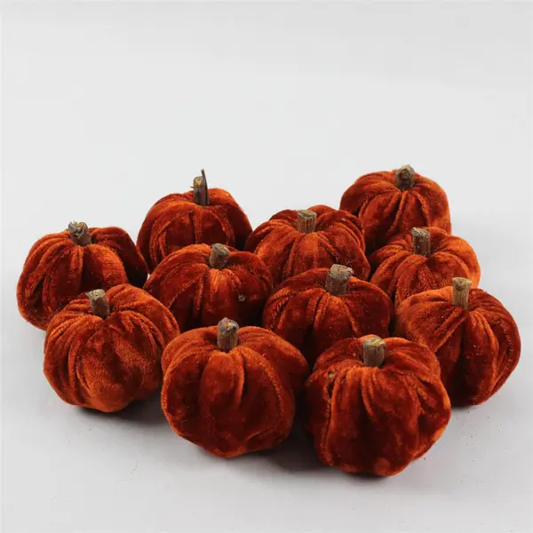 Lot of 11 Small Decorative Orange Velvet Artificial Pumpkins 3"