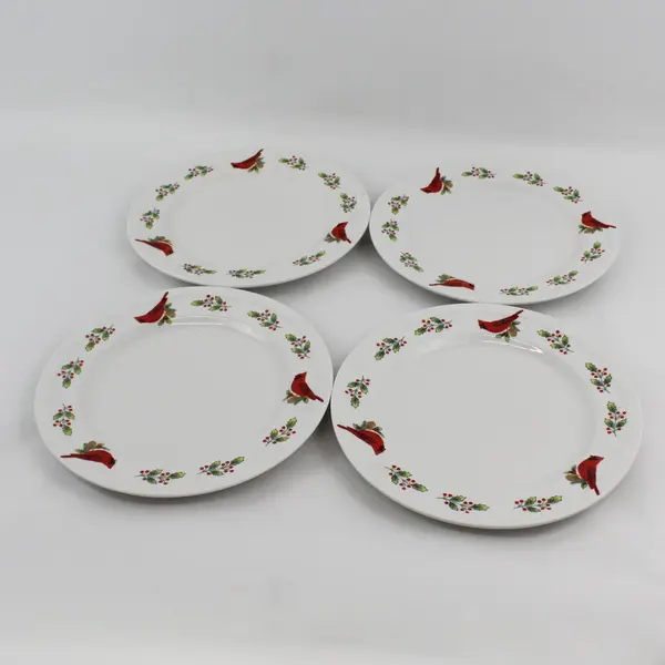 Set Of 4 Everyday Gibson Winter Birds Cardinal Christmas Dinner Plates 10"
