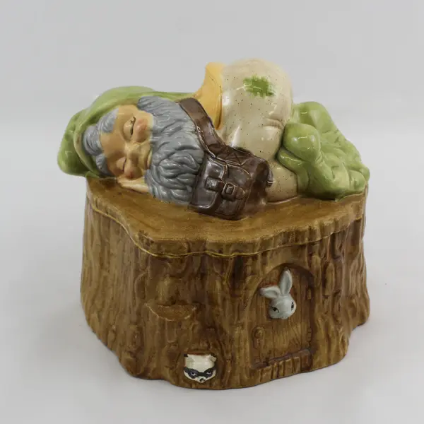 Vintage 1970s Gnome Sleeping on Stump Hand Painted Ceramic Cookie Jar