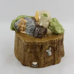 Vintage 1970s Gnome Sleeping on Stump Hand Painted Ceramic Cookie Jar