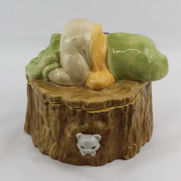 Vintage 1970s Gnome Sleeping on Stump Hand Painted Ceramic Cookie Jar