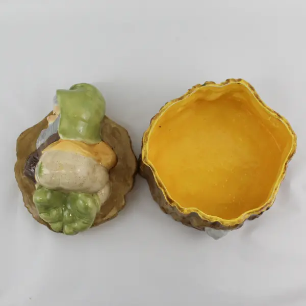 Vintage 1970s Gnome Sleeping on Stump Hand Painted Ceramic Cookie Jar
