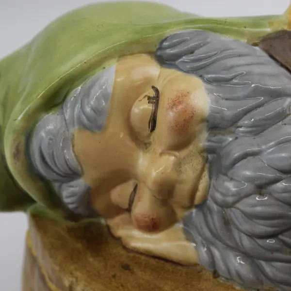 Vintage 1970s Gnome Sleeping on Stump Hand Painted Ceramic Cookie Jar