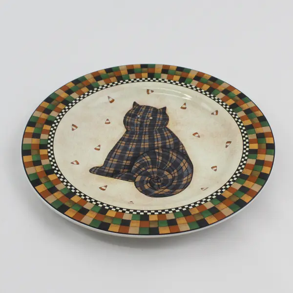 Sakura Debbie Mumm Halloween Plaid Cat Salad Plate 8in 2001