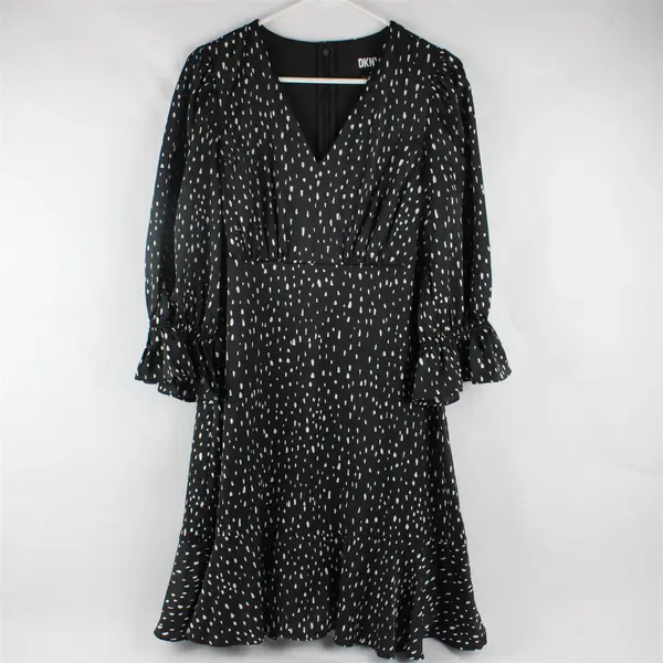 DKNY White Spotted Black Balloon Sleeve Knee-Length Dress Women's Size 10