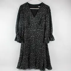 DKNY White Spotted Black Balloon Sleeve Knee-Length Dress Women's Size 10