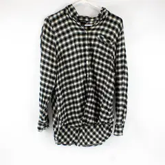Lucky Brand Black and Off-White Plaid Long-Sleeved Button-Up Women's Large