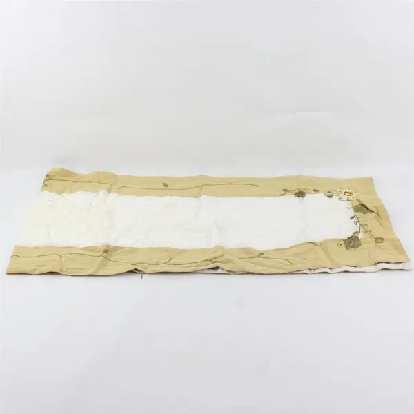 Vintage Floral Embroidered Beige and White Table Runner 13.5" x 66" FLAWED