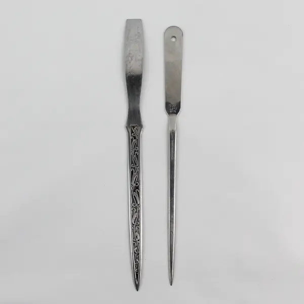 Lot of 2 Vintage Stainless Steel Letter Openers Scroll Floral IDL Plain