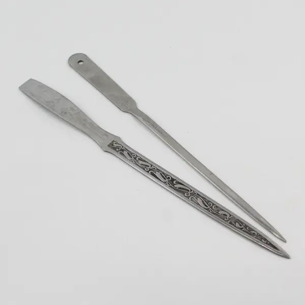 Lot of 2 Vintage Stainless Steel Letter Openers Scroll Floral IDL Plain
