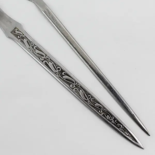 Lot of 2 Vintage Stainless Steel Letter Openers Scroll Floral IDL Plain