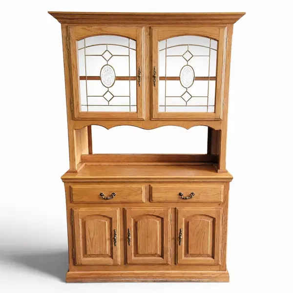 Oak 2-Piece China Hutch Glass Shelves Leaded Doors Lighted - Local Pickup Only