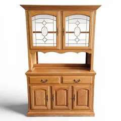 Oak 2-Piece China Hutch Glass Shelves Leaded Doors Lighted - Local Pickup Only