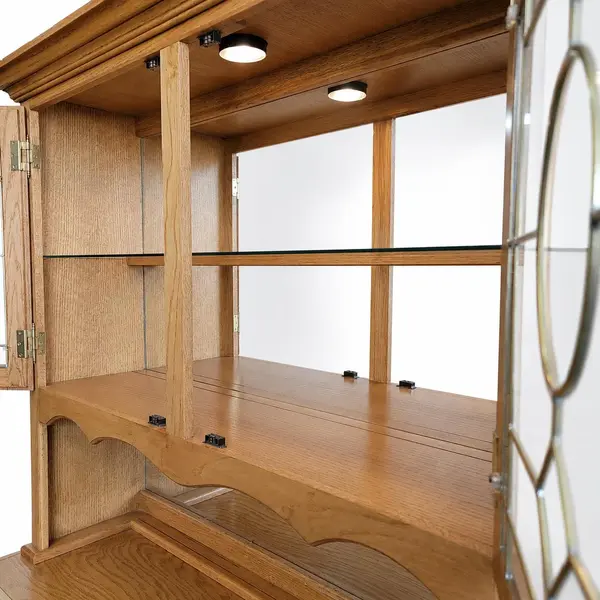 Oak 2-Piece China Hutch Glass Shelves Leaded Doors Lighted - Local Pickup Only