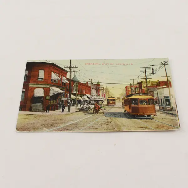 Vintage 1909 Broadway East St Louis Street Scene Litho Postcard Trolleys Wagons