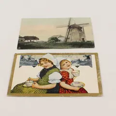 Lot Of 2 VTG Dutch Themed Litho Postcards Windmill Girls Drinking Hot Cocoa