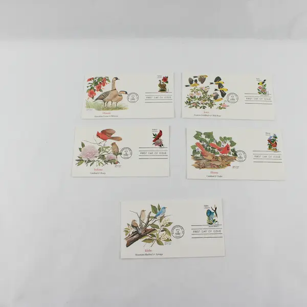 Set Of 5 State Birds & Flowers Stamps 1982 FDC Fleetwood Cachet IA IN IL ID HI